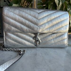 Rebecca Minkoff Silver Quilted Leather Crossbody Bag/Wallet on a Chain